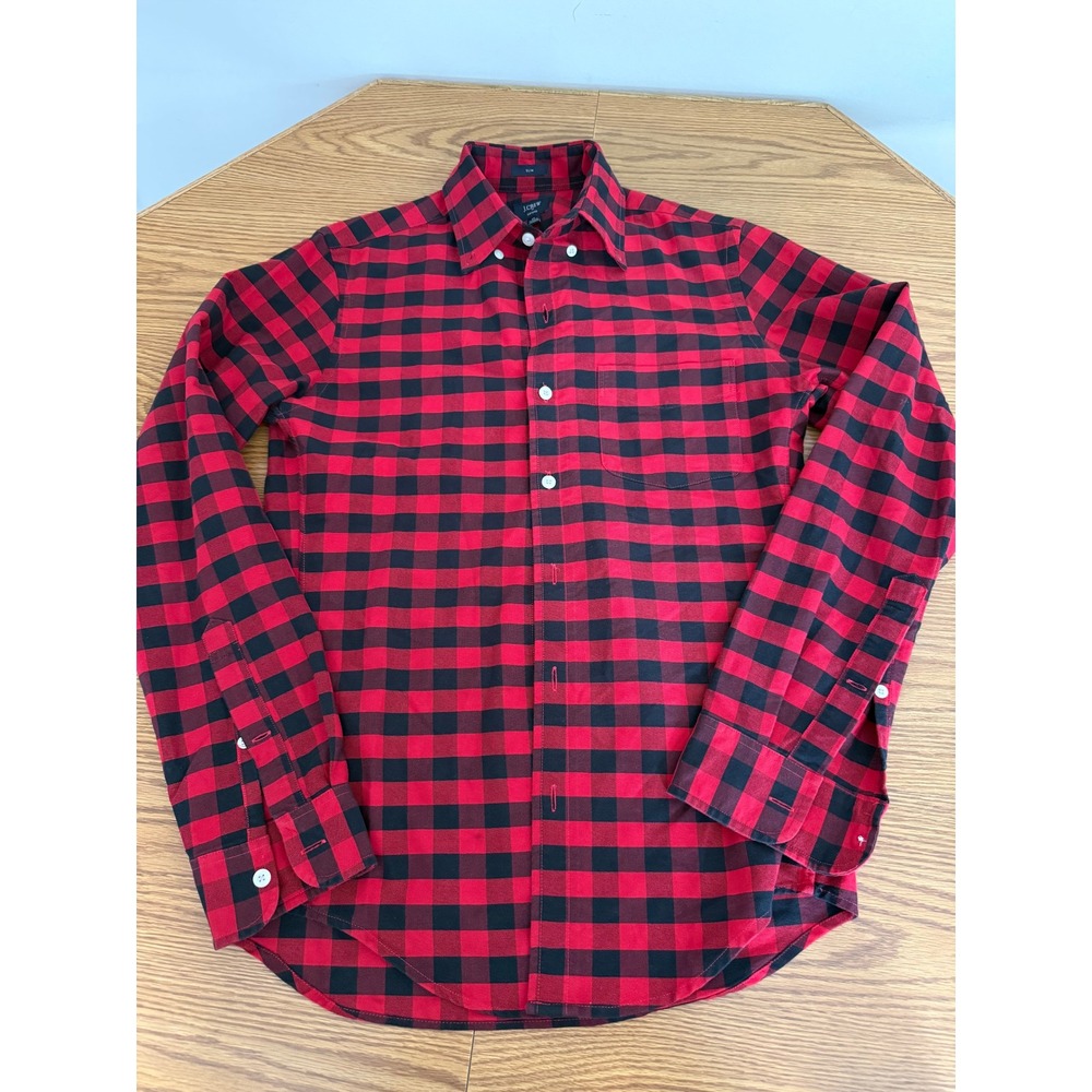 J.Crew Slim Oxford Shirt Mens XS Red Black Buffalo Check Plaid Cotton LS